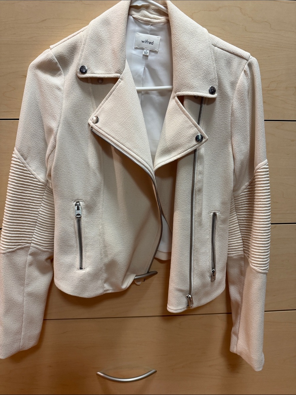 Aritzia Wilfred Cream Textured Moto Blazer with Ribbed Sleeve Detail size 2